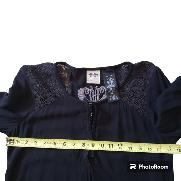 Harley Davidson womens flowy Embroidered black 3/4 sleeve button top size small - Picture 7 of 8